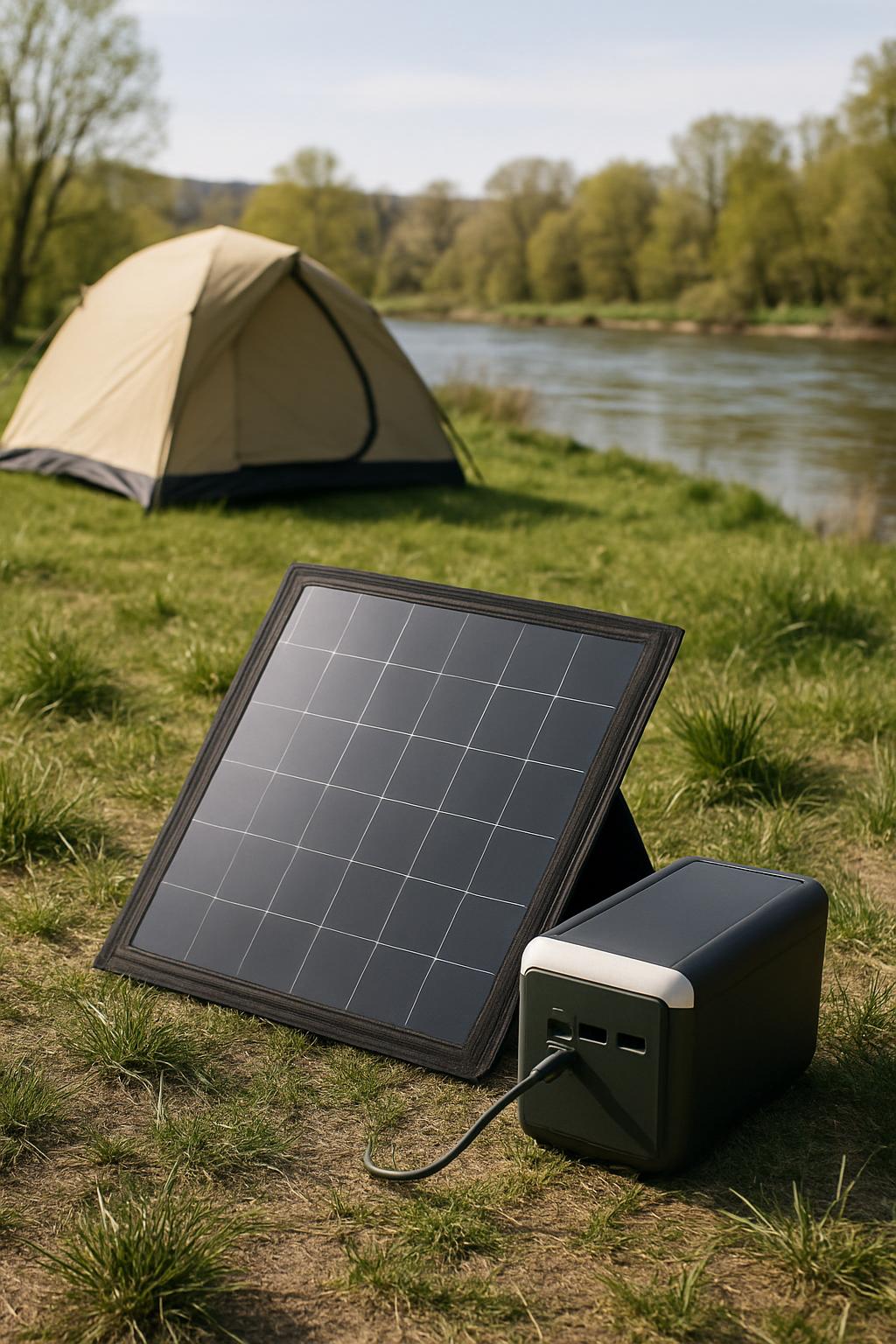 The alt text for this image is: Portable solar panel near a grassy field with a tent and a body of water in the background.